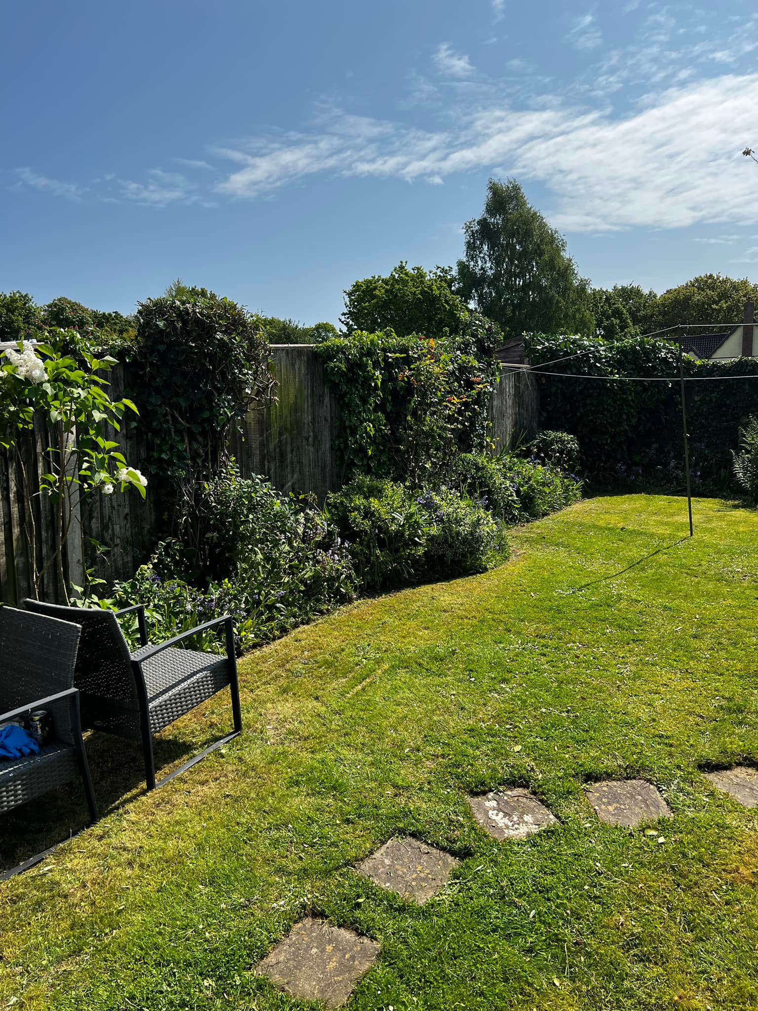 UK back garden with plants and stepping stones